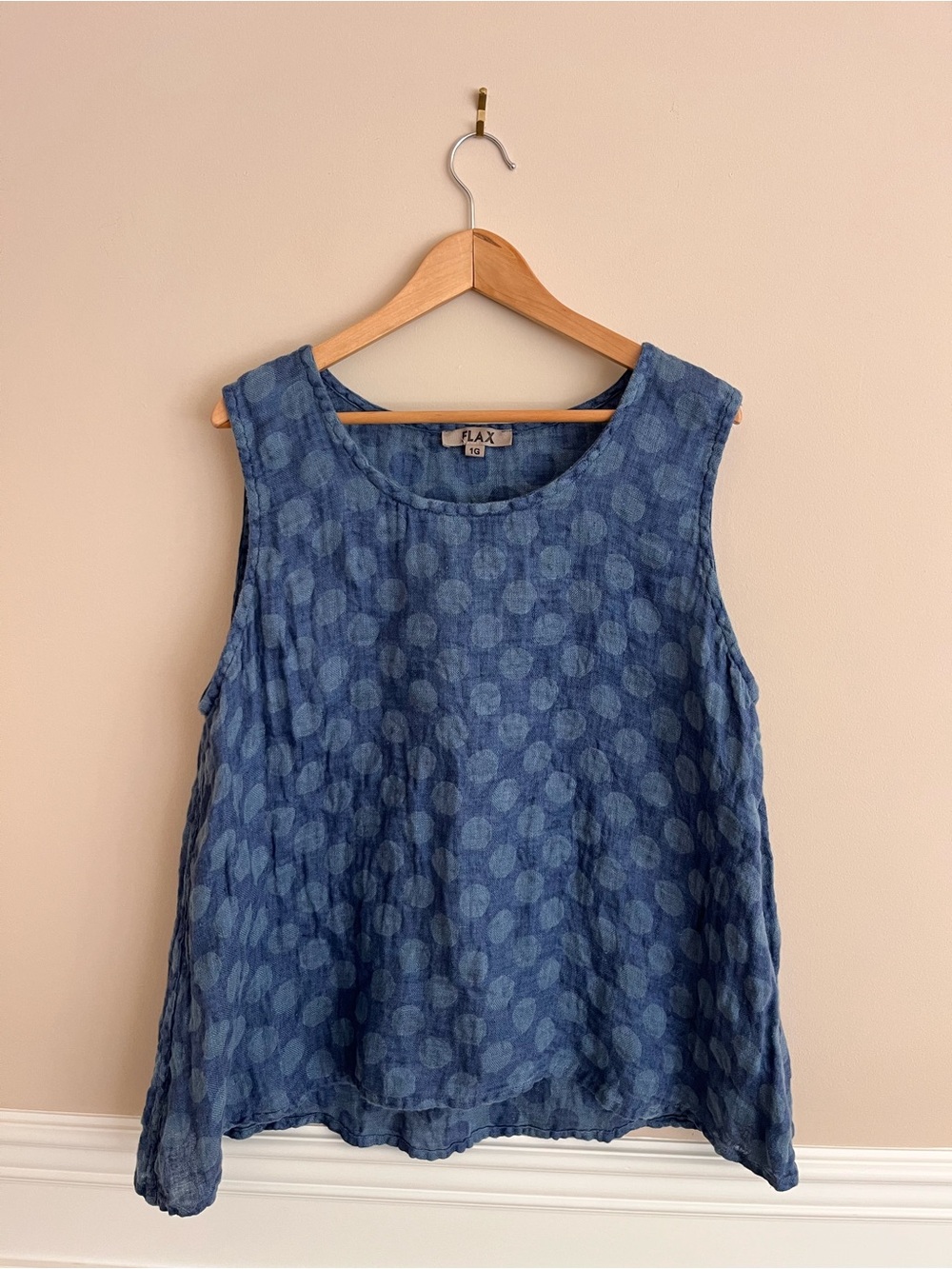 FLAX Linen Two Tone Blue Polka Dot Sleeveless Trapeze Style Tunic Top Size 1X